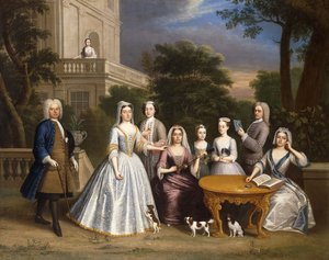 Gruppenporträt einer Familie, im Garten eines Landhauses von Benjamin Ferrers