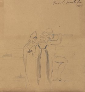 Studie eines Mannes, der durch ein Teleskop schaut, begleitet von zwei Frauen von Benjamin Robert Haydon