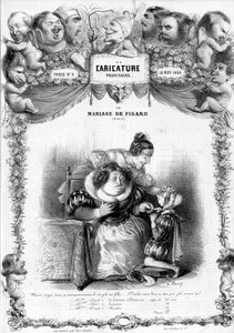 Die Hochzeit des Figaro, Akt 11, mit den Figuren Suzanne und Gräfin Almaviva: „... aber sieh, wie hübsch dieses Mädchen ist... wirst du nicht auch so hübsch sein?“ Illustration, 1838