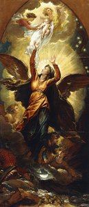 Die Frau, bekleidet mit der Sonne, flieht vor der Verfolgung des Drachen