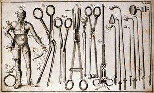 Verschiedene Arten von Zangen und chirurgischen Instrumenten. Ein Mann trägt verschiedene Arten von Tourniquets und Verbänden. Tafel der Chirurgie illustriert von Benoist Louis Prevost (1735-1809). 18. Jahrhundert von Benoit Louis Prevost