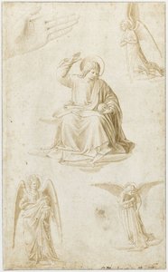 Studien einer Hand, drei Engel und Christus als Salvator Mundi, zweite Hälfte des 15. Jahrhunderts von Benozzo Gozzoli