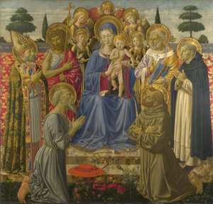 Die Jungfrau und das Kind auf dem Thron unter Engeln und Heiligen, 1460er