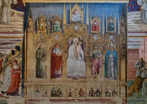 Ein falsches Polyptychon mit der Jungfrau Maria und dem Kind, St. Antonius von Padua, St. Hieronymus, St. Johannes und St. Ludwig von Toulouse, Kapelle des St. Hieronymus