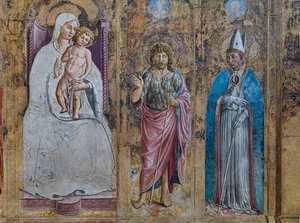 Detail eines falschen Polyptychons mit der Jungfrau Maria und dem Kind, St. Antonius von Padua, St. Johannes und St. Ludwig von Toulouse, Kapelle des St. Hieronymus