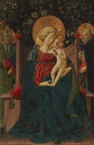 Jungfrau und Kind auf dem Thron zwischen St. Dominikus und einem päpstlichen Heiligen, 1430-35 von Benozzo di Lese di Sandro Gozzoli