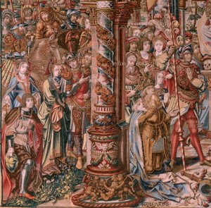 Flämischer Wandteppich. Serie Die Ehren. Glaube. Erster Wandteppich der Serie. Modell Zeichner aus dem Kreis von Bernard van Orley und Jan Gossaert. Herstellung Pieter van Aelst, Brüssel. Ca. 1550