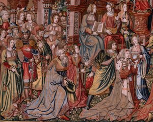 Flämischer Wandteppich. Serie Die Ehren. Gerechtigkeit. Neunter Wandteppich in der Serie. Modellzeichner aus dem Kreis von Bernard van Orley und Jan Gossaert (Mabuse). Herstellung Pieter van Aelst, Brüssel. Ca. 1550. Stoff Gold, Silber