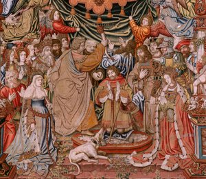 Flämischer Wandteppich. Serie Die Ehren; Adel. Vierter Wandteppich in der Serie. Modellzeichner aus dem Kreis von Bernard van Orley und Jan Gossaert (Mabuse). Herstellung Pieter van Aelst, Brüssel. Ca. 1550. Stoff Gold, Silber, Seide und Wolle