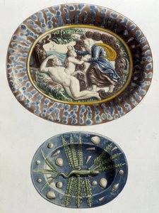 Gott erschafft Eva aus Adams Rippe; Eidechse - Keramikschalen, in „The work of Bernard Palissy“ von C. Delange und C. Borneman, Paris