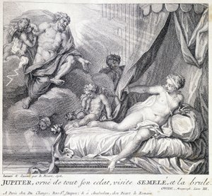 Jupiter (Zeus) verbrennt Semele mit seinem Blitz. Gravur des 18. Jahrhunderts nach der Zeichnung von B. Picart aus dem Jahr 1708.