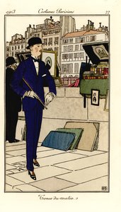 Mann im Anzug, Melone und Spazierstock geht an Bouquinisten an der Seine vorbei. Tenue du matin. Handkolorierte Pochoir (Schablonen) Radierung nach einer Illustration von Bernard Boutet de Monvel aus Tommaso Antonginis Journal des Dames et des Modes, Aux B