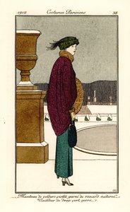 Frau im violetten Samtumhang mit Fuchspelzbesatz, Anzug aus flaschengrünem Wollstoff, Gamaschen. Handkolorierte Pochoir-Radierung nach einer Illustration von Bernard Boutet de Monvel