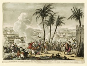 Napoleon besiegt die Mameluken in der Schlacht bei den Pyramiden, nahe Kairo, graviert von George Cruikshank, 1823