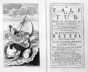 Frontispiz und Titelseite zu A Tale of a Tub von Jonathan Swift, graviert von John Sturt, 1704
