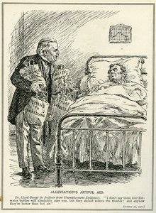 Dr. Lloyd George schlägt vor, den Arbeitslosen mit vier Wärmflaschen zu heilen: 