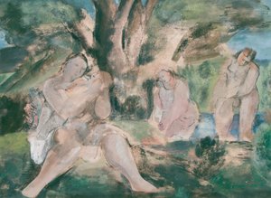 Drei Frauen und ein Kind baden unter einem Baum