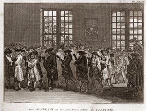 Eine Versammlung jüdischer Trauernder, die die „Acafoth“ bei einer Beerdigung durchführen Gravur aus „Illustration de cérémonies et coutumes religieuses de tous les peuples du monde“ von Bernard Picart (1723-1743) 1819 Privatsammlung
