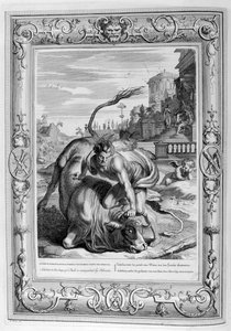 Achelous in Gestalt eines Stiers wird von Herkules besiegt, 1733 von Bernard Picart