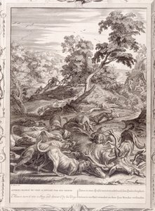 Actaeon wird in einen Hirsch verwandelt und von seinen Hunden verschlungen, 1731 von Bernard Picart