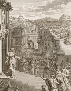Kassandra prophezeit den Trojanern ihr Schicksal und wird nicht geglaubt, 1731 von Bernard Picart