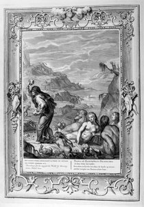 Deukalion und Pyrrha bevölkern die Welt neu, indem sie Steine hinter sich werfen, 1733 von Bernard Picart