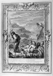 Deukalion überlebt die Sintflut mit seiner Frau Pyrrha (Gravur)