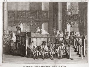 Judentum: der Klang des Horns am ersten Tag des Jahres (Klang des Schofars an Rosch ha-Schana) (Jüdisches Neujahrsfest: Blasen des Schofarhorns an Rosch Haschana) Gravur aus „Illustration religiöser Zeremonien und Bräuche aller Völker“