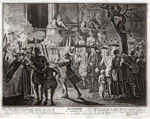 Judentum: der Weg, die Ehegatten des Gesetzes nach Hause zu führen - eine Darstellung der Prozession, mit der die Gemeinde beim Fest von Simchat Tora diejenigen ehrte, die ausgewählt wurden, um den letzten Abschnitt der Tora zu segnen und den anderen von Bernard Picart