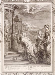 Oeneus, König von Kalydon, wird für seine Gottlosigkeit bestraft, weil er Diana bei einem Opfer vernachlässigt hat, 1731 von Bernard Picart