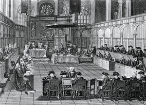 Protestantische Synode, die 1730 in der Nieuwe Kerk (Neue Kirche) in Amsterdam, Niederlande, abgehalten wurde, Gravur von Bernard Picart (1673-1733)