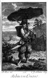 Darstellung von Robinson Crusoe auf seiner einsamen Insel. Gravur von Bernard Picart (1673-1733) zur Illustration des Romans von Daniel Defoe (1660-1731)