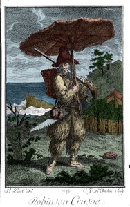 Darstellung von Robinson Crusoe auf seiner einsamen Insel. Gravur von Bernard Picart zur Illustration des Romans von Daniel Defoe