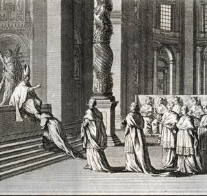 Feierliche Inauguration des Pontifikats (Papstverehrung am großen Altar von St. Peter, Vatikan) Gravur aus Illustration religiöser Zeremonien und Bräuche von Bernard Picart