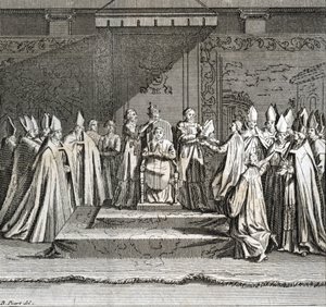 Feierliche Inauguration des Pontifikats: Krönung des Papstes) Gravur aus "Illustration religiöser Zeremonien und Bräuche aller Völker der Welt" von Bernard Picart (1723-1743) von Bernard Picart