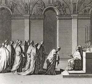 Feierliche Inauguration des Pontifikats: „Die Anbetung des Papstes in der Sixtinischen Kapelle“ (Päpstliche Inauguration: Verehrung des Papstes in der Sixtinischen Kapelle) Gravur aus „Illustration religiöser Zeremonien und Bräuche aller Völker der Welt“ von Bernard Picart