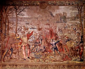 Die Jagden von Maximilien, genannt „Schöne Jagden von Guise“: der Monat Januar, Wassermann, Wildschweinjagd, Flambée, Curee - Tapisserie hergestellt in den flämischen Werkstätten von Bernard van Orley