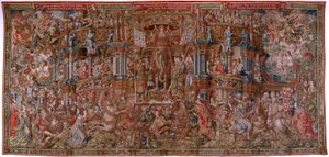 Flämischer Wandteppich. Serie Die Ehren. Ruhm (La Fama). Dritter Wandteppich in der Serie. Modell Zeichner aus dem Kreis von Bernard van Orley und Jan Gossaert (Mabuse). Herstellung Pieter van Aelst, Brüssel. Ca 1550. Stoff Gold, Silber, Seide und Wolle.