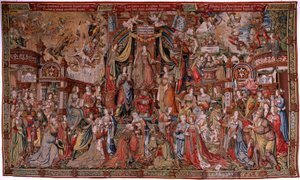 Flämischer Wandteppich. Serie Die Ehren. Gerechtigkeit (La Justicia, Los Honores). Neunter Wandteppich der Serie. Modell Zeichner aus dem Kreis von Bernard van Orley und Jan Gossaert (Mabuse). Herstellung Pieter van Aelst, Brüssel. Ca 1550. Stoff Gold, Sil