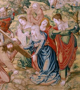Flämischer Wandteppich. Serie Die Passion Christi. Fall auf dem Weg nach Golgatha. Zweiter Wandteppich der Serie. Modelle von Bernard van Orley. Herstellung Pieter de Pannemaker, Brüssel. Ca. 1518-1523. Stoff Gold, Silber. von Bernard van Orley