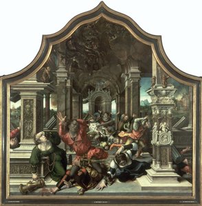 Die Zerstörung des Hauses von Hiob, zentrales Panel des Triptychons der Tugend der Geduld, 1521 von Bernard van Orley