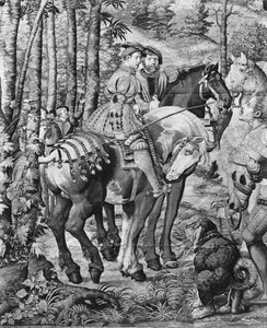 Die Jagden von Maximilian, Leo, Die Hirschjagd, der Bericht, Gobelins-Fabrik (Wandteppich) von Bernard van Orley