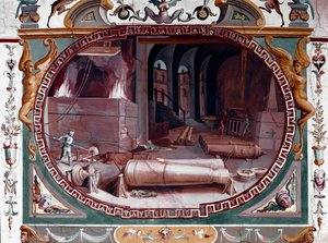 Darstellung der Werkstatt einer Kanonengießerei. Fresko von Bernardino Barbatelli genannt Poccetti