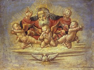 Teil eines Altars mit Gott dem Vater und drei Engeln