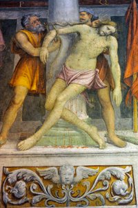 Jesus an die Säule gebunden, Fresko von Bernardino Luini in der Kirche von Saint Maurice im Maggiore-Kloster, Mailand, Lombardei, Italien