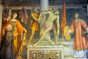 Jesus an die Säule gebunden, Fresko von Bernardino Luini in der Kirche von Sankt Mauritius im Maggiore-Kloster, Mailand, Lombardei, Italien