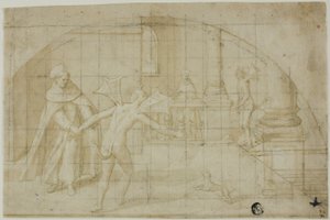 Entwurf für ein Lunette: Teufel und Heiliger in einem Kloster von Bernardino Poccetti