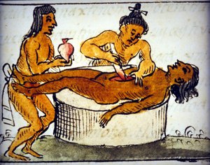Menschenopfer: Ritualopfer bei den Azteken. Aus einem Manuskript von Bernardino de Sahagun von Bernardino de Sahagun