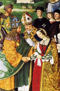 Aeneas Sylvius, Bischof von Siena, präsentiert Kaiser Friedrich III. seine zukünftige Frau Eleonore von Aragon von Bernardino di Betto Pinturicchio
