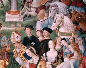 Aeneas Sylvius Piccolomini (1405-64) stellt Eleonora von Aragon Friedrich III. (1415-93) am 24. Februar 1452 vor (Detail) von Bernardino di Betto Pinturicchio